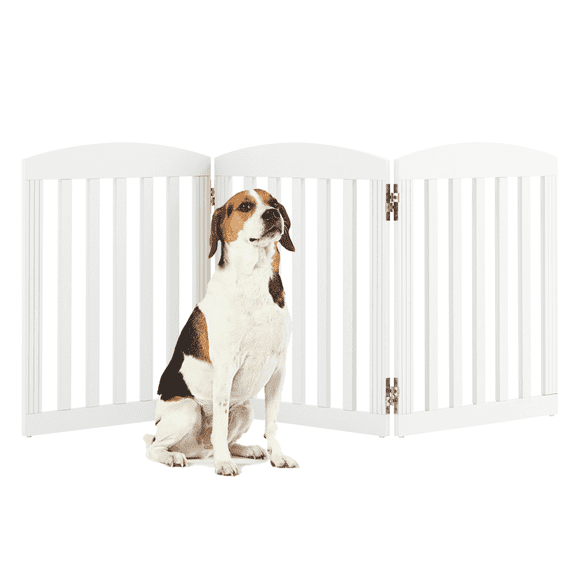 STAROUS Foldable Dog Gate, Dog Gates for Doorways, Stairs, The House, Wooden Freestanding Pet Gate Indoor, Step Over Puppy Gate, 3 Panels, White