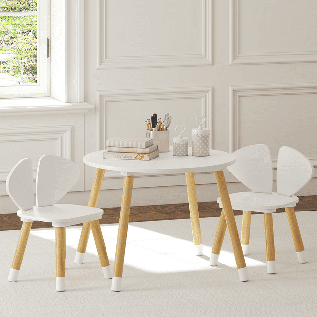 STAROUS Kids 3-Piece Round Table & Chair Set with Unique Elephant Ear Chairs - White - Walmart.com