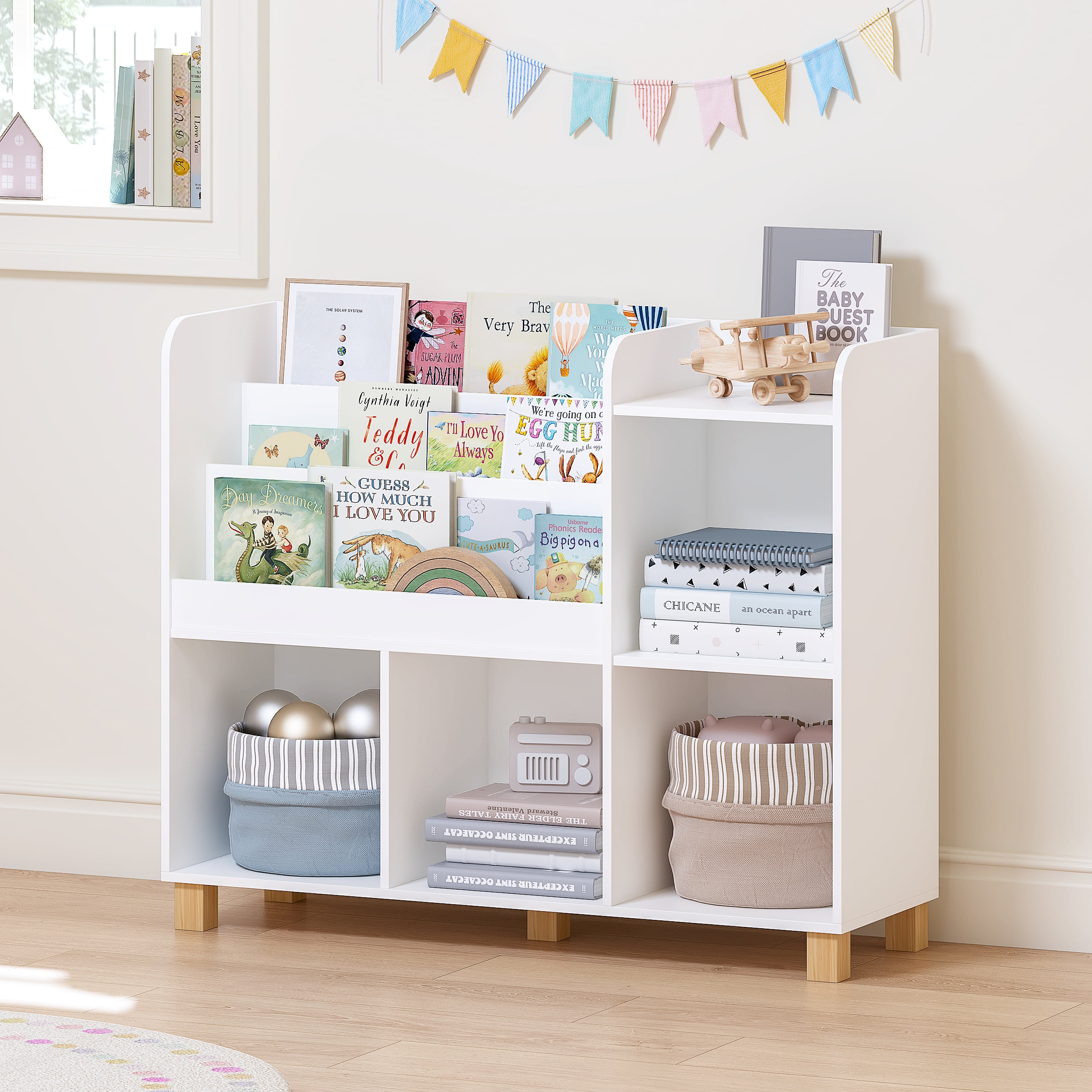 STAROUS Kids Bookshelf and Toy Storage Organizer, Tall Cube Bookcase for Playroom & Nursery, White