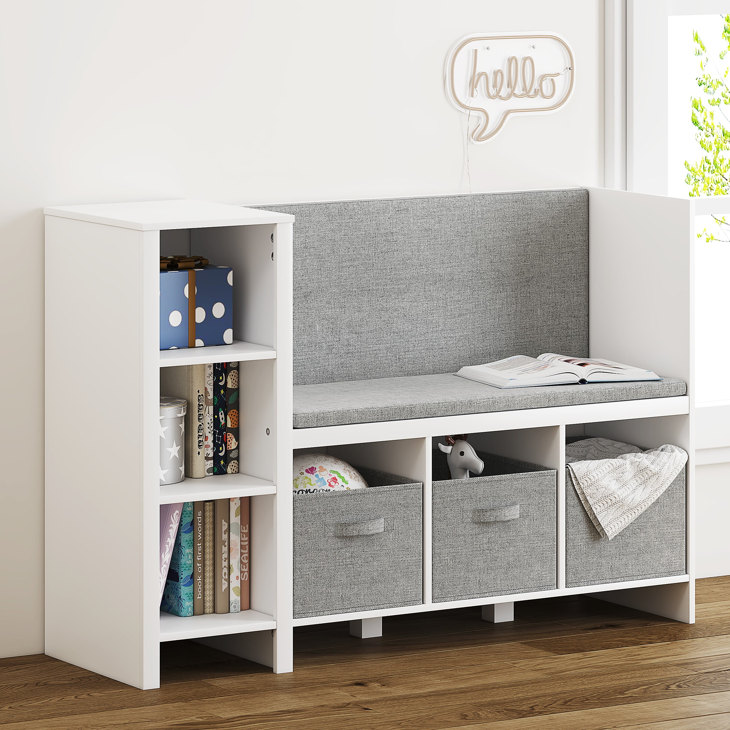 White Kids Bookshelf Bench with Gray Cushions and Storage Bins