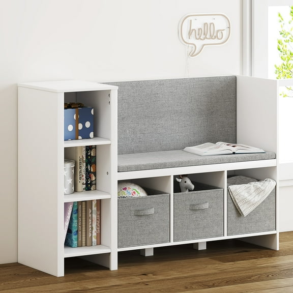 STAROUS Kids Bookshelf with Reading Nook, Toddler Bookcase Bench and Toy Storage Organizer with Seat and Back Cushion