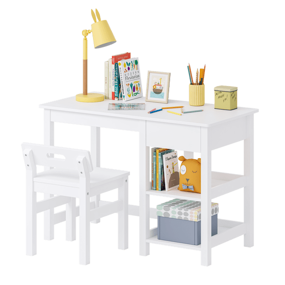 STAROUS Kids Desk and Chair Set, Wooden Study Table with Drawer and Storage Shelves, Children Study Desk for 3–8 Years Old, Student Writing Table for Bedroom or Classroom