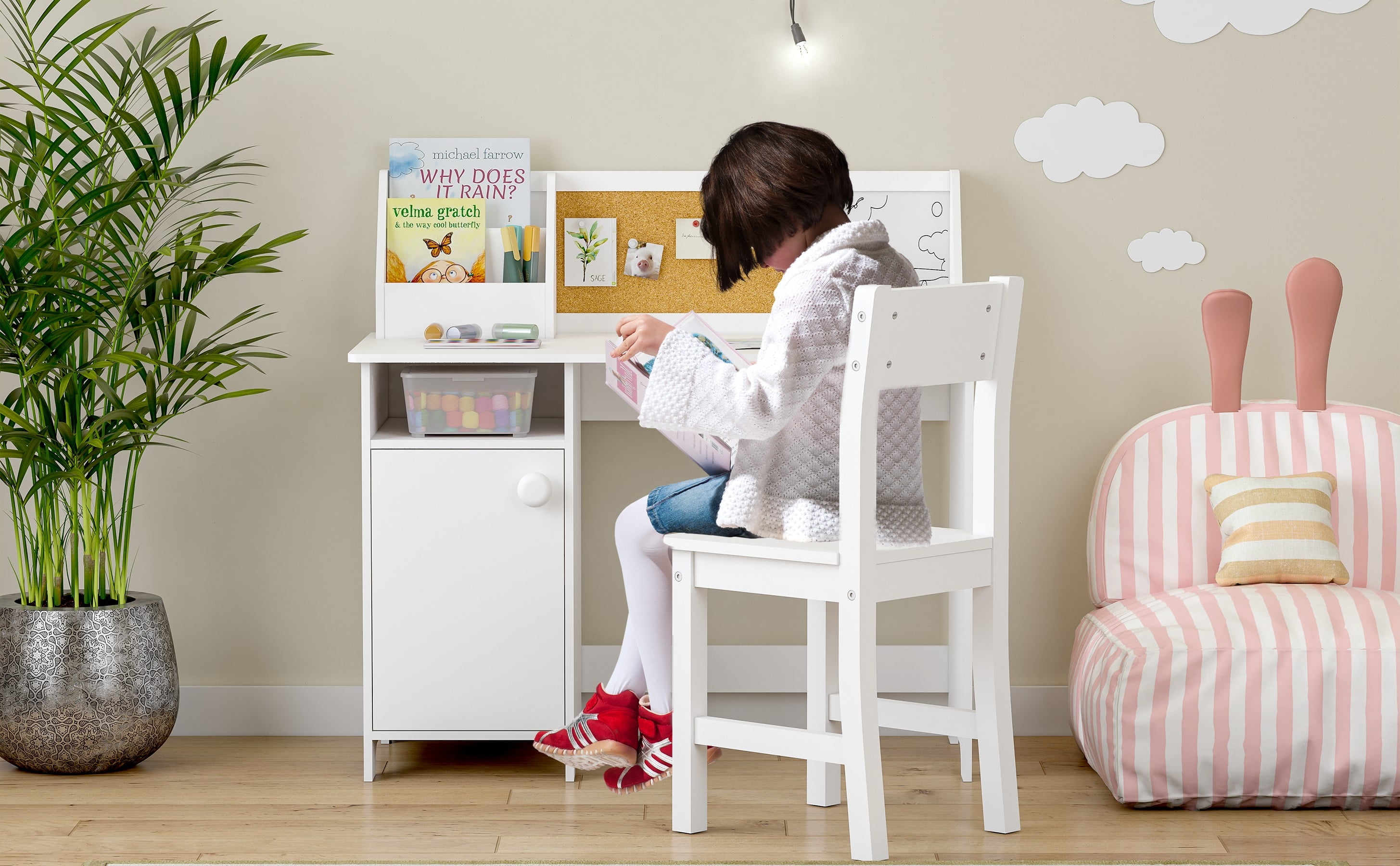 STAROUS Kids Study Desk with Chair, Wooden Study Table for 3-8 Years Old, Student's Workstation & Writing Table (White)