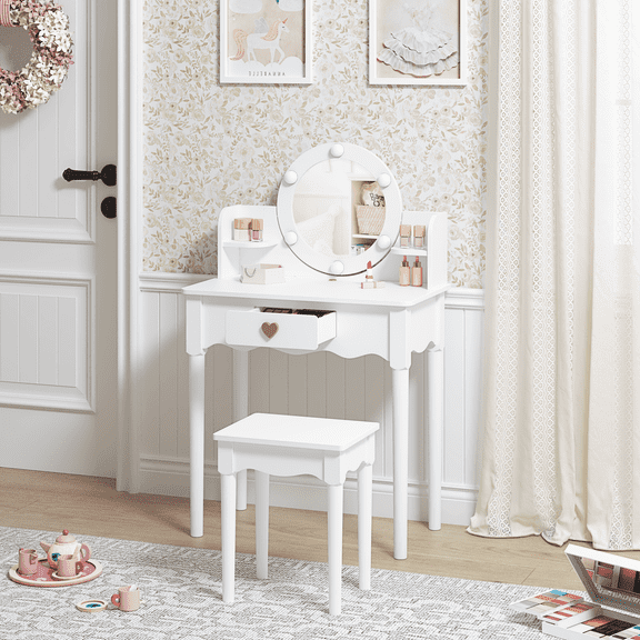 STAROUS Kids Vanity Set with Lights, Mirror & Stool - White Wooden Princess Makeup Desk for Pretend Play
