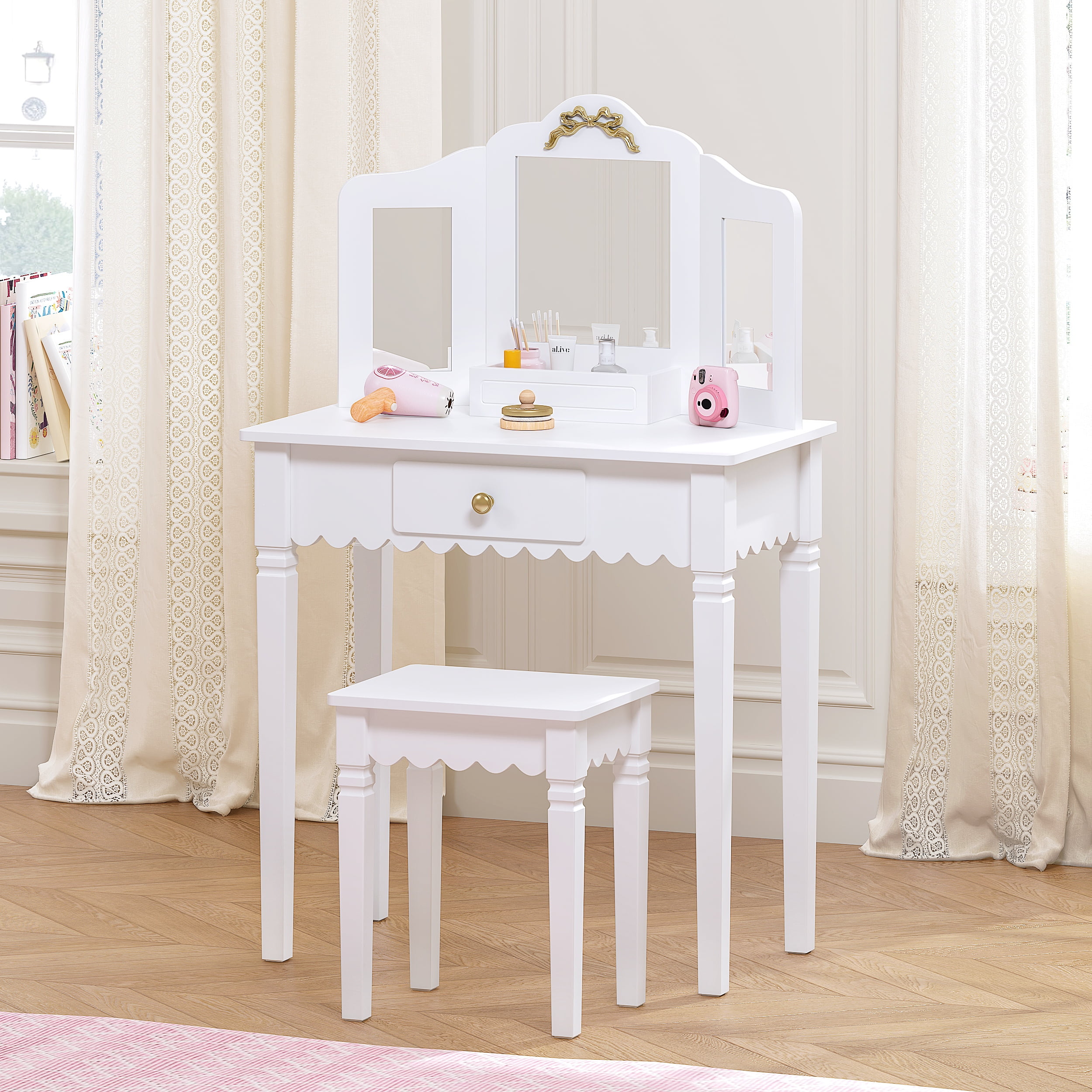 STAROUS Kids Vanity Set with Mirror and Stool, Kids Make Up Vanity Desk for Little Girls, Children Makeup Dressing Table with Drawer