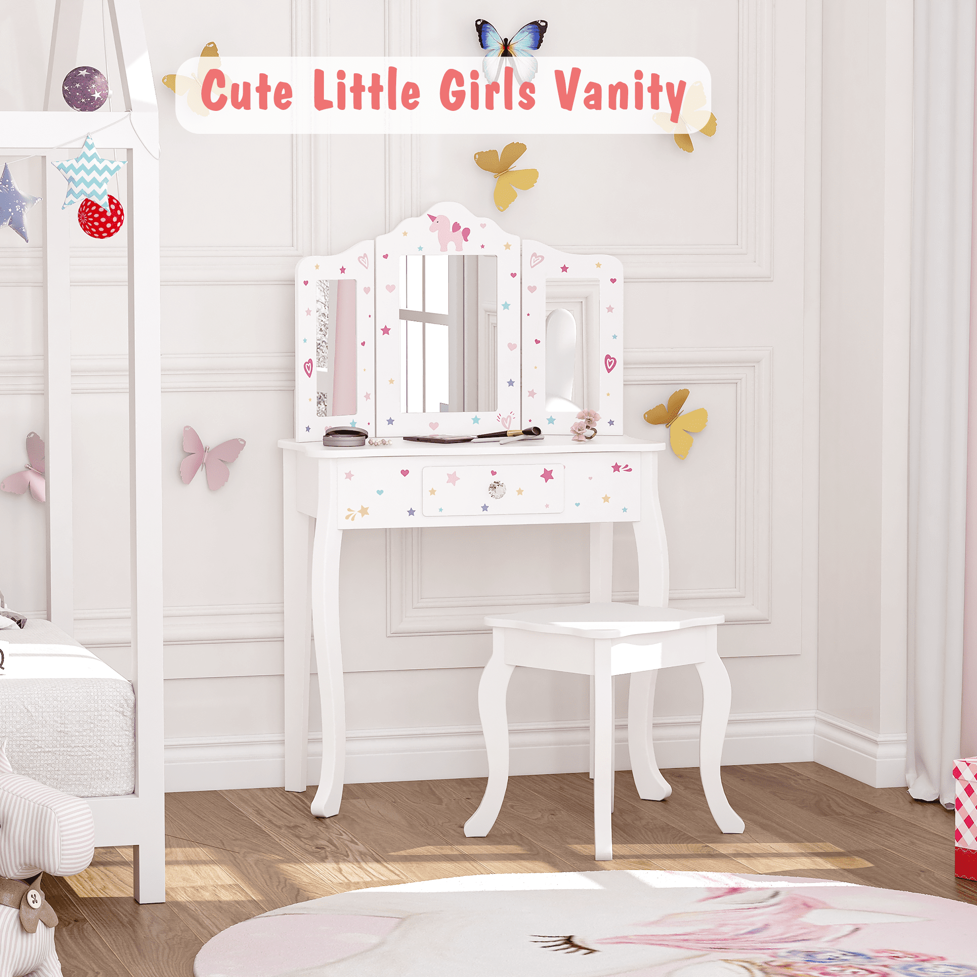 STAROUS Pretend Play Kids Vanity Table and Chair Vanity Set with Mirror