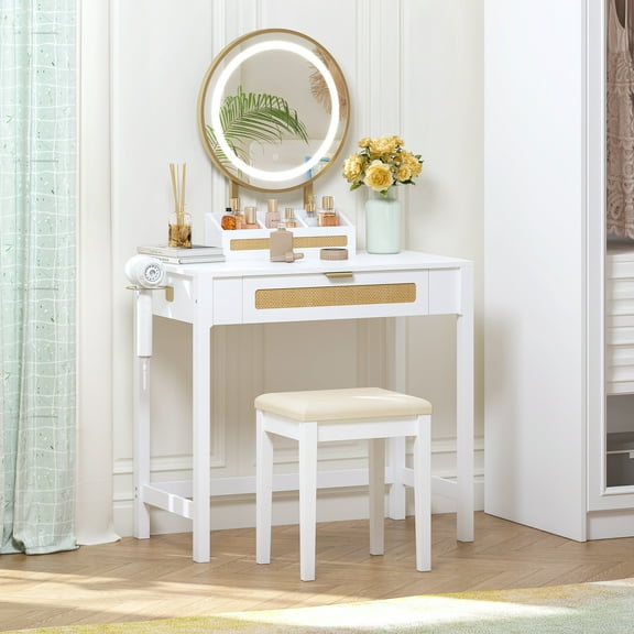 STAROUS Rattan Makeup Vanity Desk with Mirror and Lights, White Vanity Table with Drawers, Small Dressing Table with 3 Lighting Modes for Bedroom