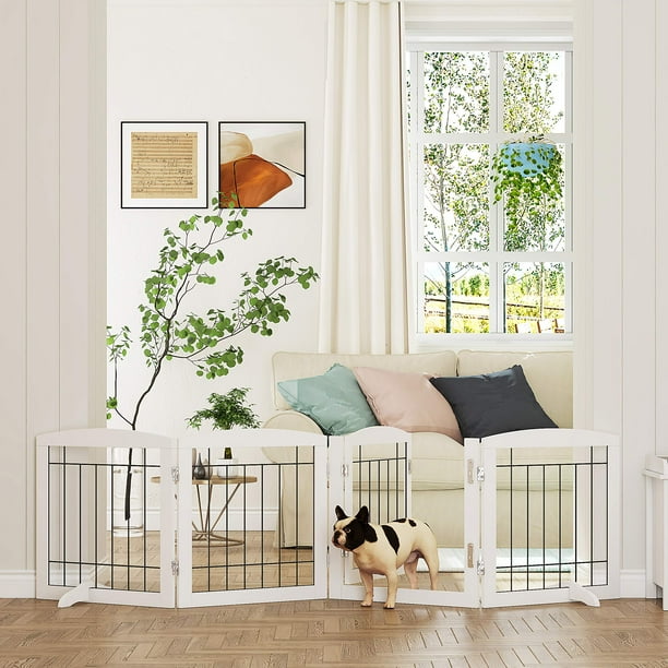 Starous White Freestanding Dog Gate with Walk Through Door Secure Indoor Barrier 80 inch Wide 24 inch Height 4 Panels