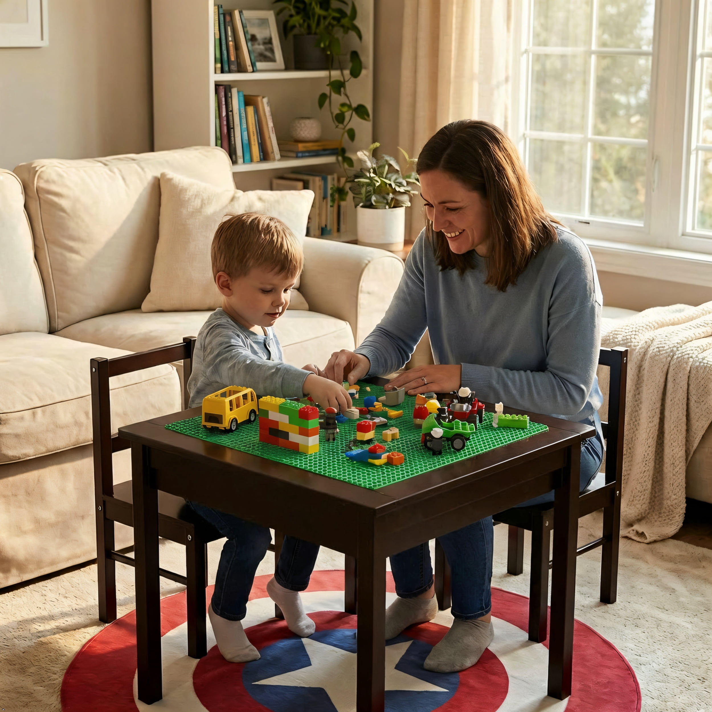 STAROUS Wooden 2 In 1 Kids Construction Play Table and 2 Chairs set with Storage Drawers and Built In Broad, Espresso with Gray Drawer