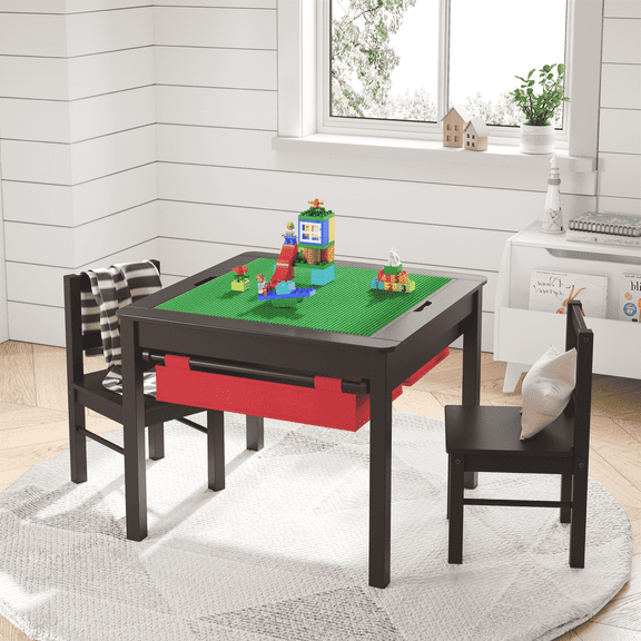 STAROUS Wooden 2 In 1 Kids Construction Play Table and 2 Chairs set with Storage Drawers and Built In Broad, Espresso with Red Drawers