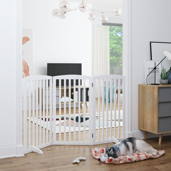 STAROUS Wooden Freestanding Foldable 3 Panels Pet Gate for Dogs with Feet White