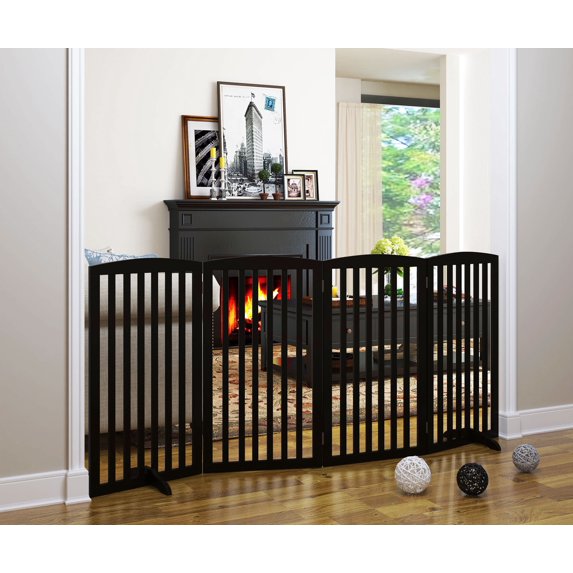 STAROUS Wooden Freestanding Foldable 4 Panels Pet Gate for Dogs with Feet Espresso