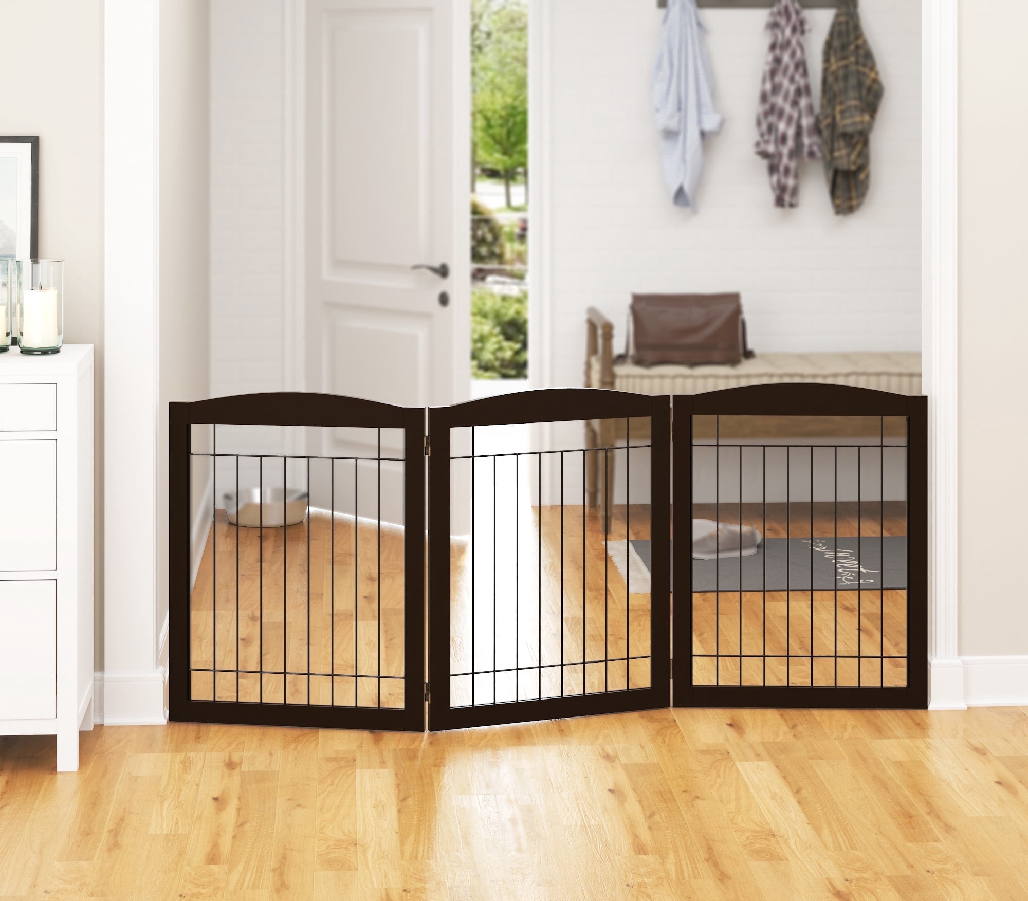 STAROUS Wooden Freestanding Wire Pet Gate for Dogs, 3 Panel Step Over Fence, Dog Gate for The House, Doorway, Stairs, Extra Wide Tall Pet Safety Fence (Espresso, 30" Height-3 Panels)