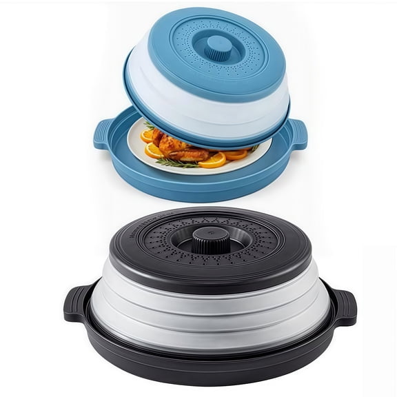 START MAKERS 2 Pack Microwave Splatter Covers, Collapsible & Vented Silicone Plate Lids with Base, Food Dish Cover for Microwave, Kitchen Gadget, Blue & Black