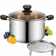 START MAKERS 26cm Stainless Steel Stock Pot with Steamer Basket and Glass Lid, 6 Quart Soup Pot for Gas and Induction Stove
