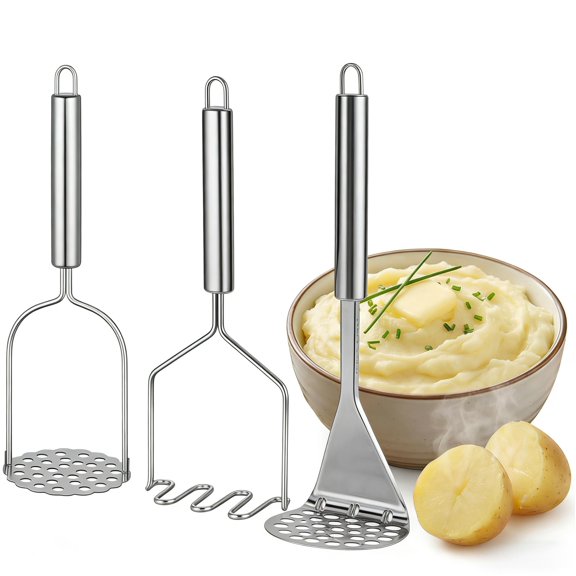 START MAKERS 3 Pack Stainless Steel Potato Mashers Set, Heavy Duty 7-Shaped Masher, Wire Masher & Flower-Pattern Masher for Potatoes, Beans, Avocados & Vegetables