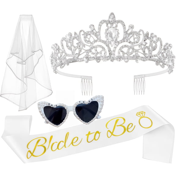 4 Pcs Bachelorette Party Decorations, Bride to Be Sash, Rhinestone Tiara, Veil with Comb and Pearl White Glasses, Bridal Shower Party Supplies