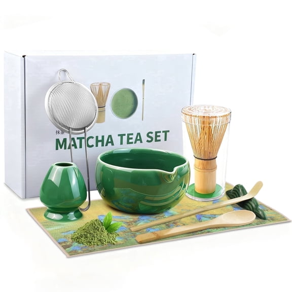 START MAKERS Matcha Set, 8-Piece Japanese Matcha Whisk Kit with Ceramic Bowl, Bamboo Whisk (Chasen), Whisk Holder, Scoop Stand, Sifter & Scoops, Tea Cloth, Complete Utensils for Matcha Powder