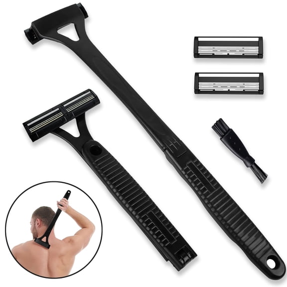 START MAKERS Men's Back Shaver with Foldable Long Handle - 2 Replacement Blades, Ergonomic Wet/Dry Body Groomer for Safe DIY Shaving, Portable Razor for Chest, Abs, Arms - Black