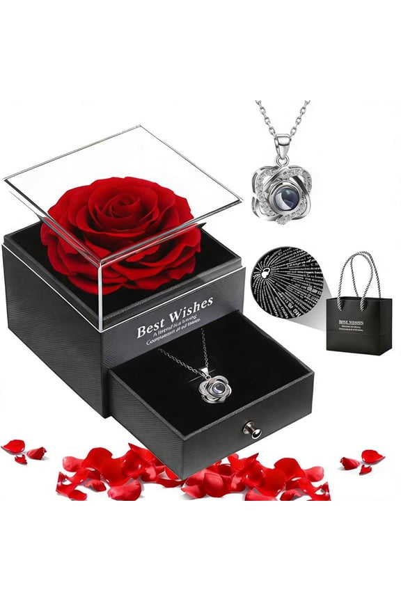 Rose in Gift Box - with "I Love You" in 100 Languages Necklace, Beautiful Home Decor, Forever Flower Gift for Wife, Mom, Girlfriend on Valentine's, Birthday, Anniversary, Mothe
