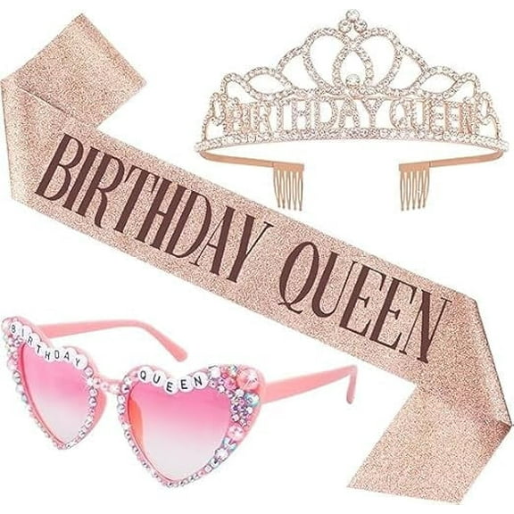 START MAKERS Rose Gold 3-Piece Birthday Queen Set for Women - Birthday Sash, Tiara & Pink Heart Sunglasses for Bachelorette, Girls Night Out, Birthday Party Decorations & Gifts for Friends, Wife, Mom