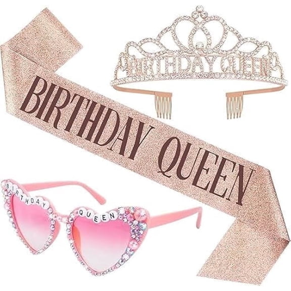 START MAKERS Rose Gold 3-Piece Birthday Queen Set for Women - Birthday Sash, Tiara & Pink Heart Sunglasses for Bachelorette, Girls Night Out, Birthday Party Decorations & Gifts for Friends, Wife, Mom