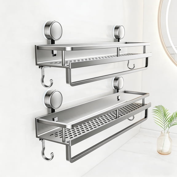 START MAKERS Suction Cup Shower Caddy Organizer, Double Layer Stainless Steel Bathroom Shelf with Hooks and Towel Bar, No Drill Shower Storage Rack, Gray