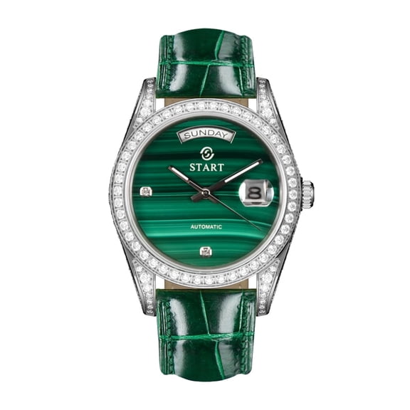 【START】Malachite Men's Watch Swiss Fully Automatic Mechanical Movement Diamond Watch Date Week Function Butterfly Buckle Crocodile skin Strap