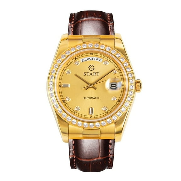 【START】Men's Automatic Mechanical Watch Zircon Dial Leather Watch Swiss Fully Automatic Mechanical Movement Waterproof Date Week Function Golden Watch