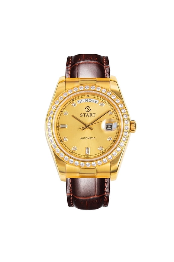 【START】Men's Automatic Mechanical Watch Zircon Dial Leather Watch Swiss Fully Automatic Mechanical Movement Waterproof Date Week Function Golden Watch
