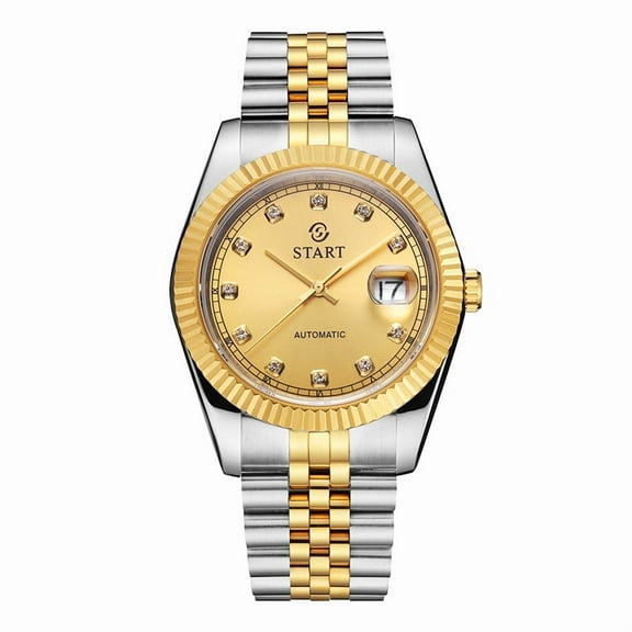 【START】Men's Watch Automatic Mechanical Watch Zircon Dial Waterproof Calendar Function Golden Watch