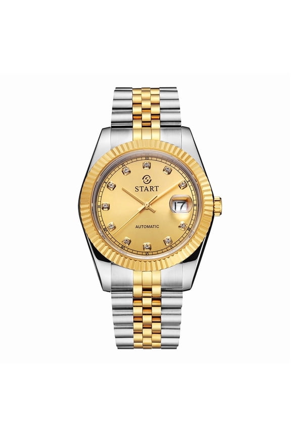 【START】Men's Watch Automatic Mechanical Watch Zircon Dial Waterproof Calendar Function Golden Watch