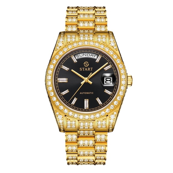 STARTMen's Watch Swiss Automatic Mechanical Movement Diamond Watch Waterproof Date Day Butterfly Buckle Strap Golden Watch