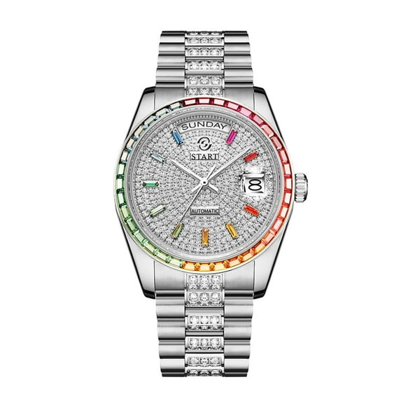 【START】 Rainbow Diamond Watch Men's and Women's Watch Swiss Fully Automatic Mechanical Movement 36MM Unisex Size Lizard Leather Strap Waterproof Date Week Function