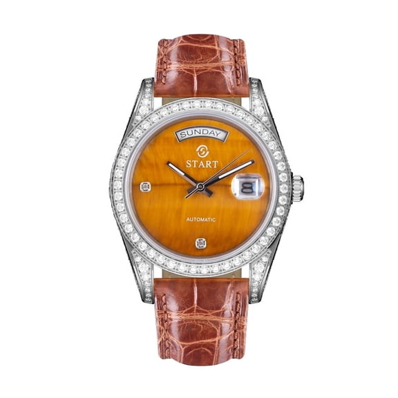 【START】Tiger Eye Stone Men's Watch Swiss Fully Automatic Mechanical Movement Diamond Watch Date Week Function Butterfly Buckle Crocodile skin Strap