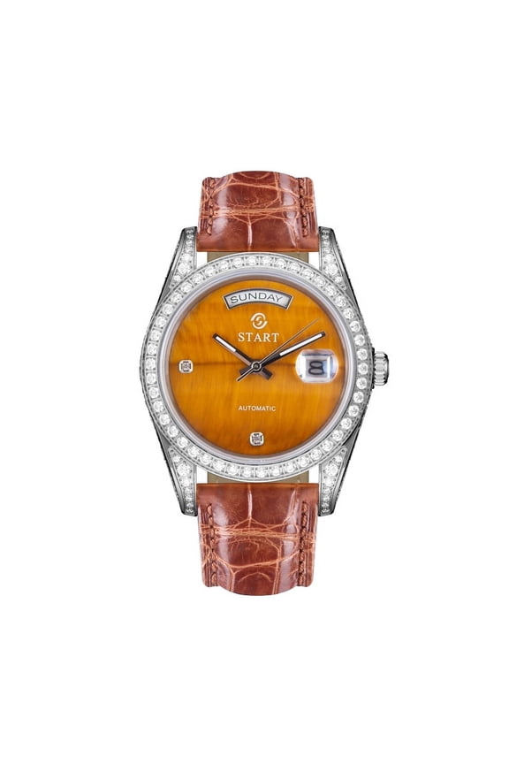 【START】Tiger Eye Stone Men's Watch Swiss Fully Automatic Mechanical Movement Diamond Watch Date Week Function Butterfly Buckle Crocodile skin Strap
