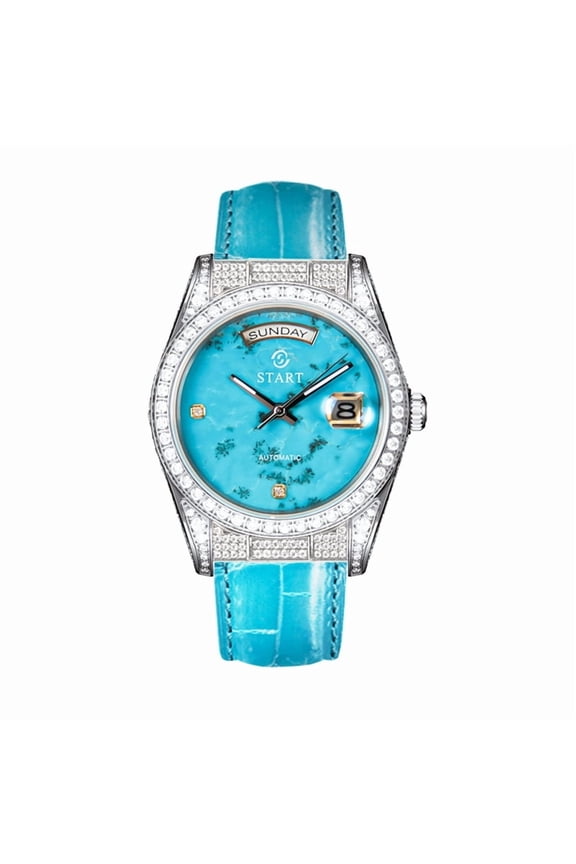 【START】Turquoise Men's Watch Swiss Fully Automatic Mechanical Movement Diamond Watch Date Week Function Butterfly Buckle Crocodile skin Strap