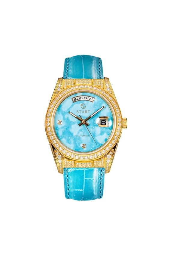 【START】Turquoise Men's Watch Swiss Fully Automatic Mechanical Movement Diamond Watch Date Week Function Butterfly Buckle Crocodile skin Strap