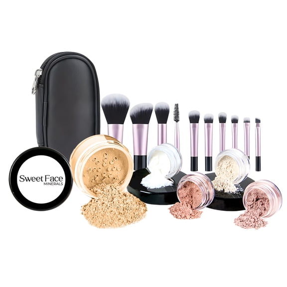 Starter Kit with 10-Piece Brush Set (BEIGE) Mineral Makeup – 16-Piece Loose Powder Foundation, Blush, Bronzer, Translucent Setting Powder SPF 30 – Vegan Cruelty Free by Sweet Face Minerals