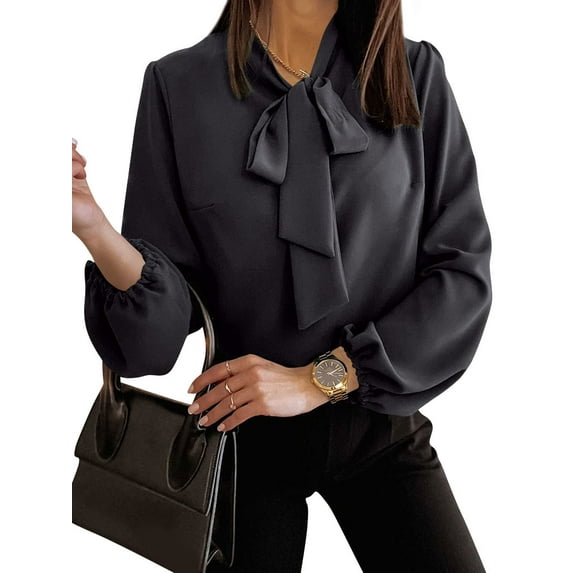 STARVNC Women Bowknot Lace Up Neck Elastic cuff Long Sleeve Work Shirt