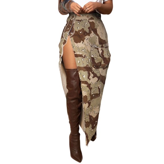 STARVNC Women Camo High Waisted Button Down Pockets High Slit Maxi Skirt