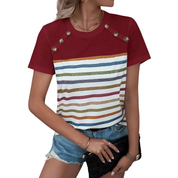 STARVNC Women Color Stripes Crew Neck Short Sleeve Button Decorative T-Shirt