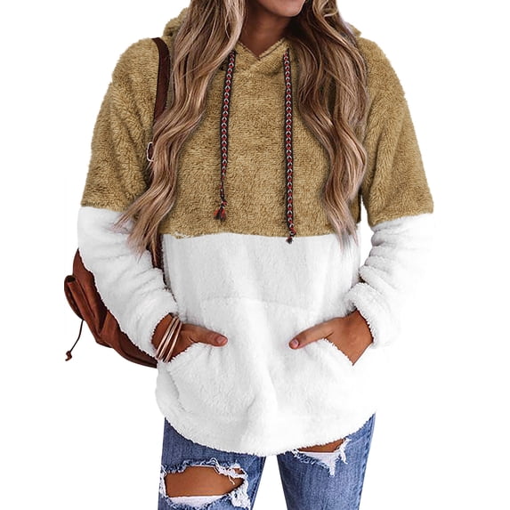 STARVNC Women Colorblock Pocket Hooded Long Sleeve Sweatshirt