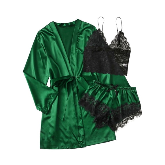 STARVNC Women Contrast Color Crochet Lace Long Sleeve Lace Up Pajama Set