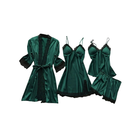 STARVNC Women Contrast Color Lace Trim Lace Up 4-Piece Pajama Set