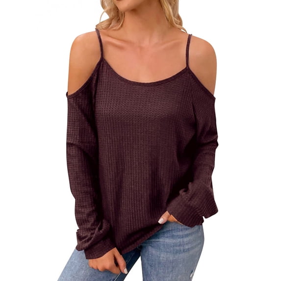STARVNC Women Crew Neck Cold Shoulder Spaghetti Strap Long Sleeve Waffle Top