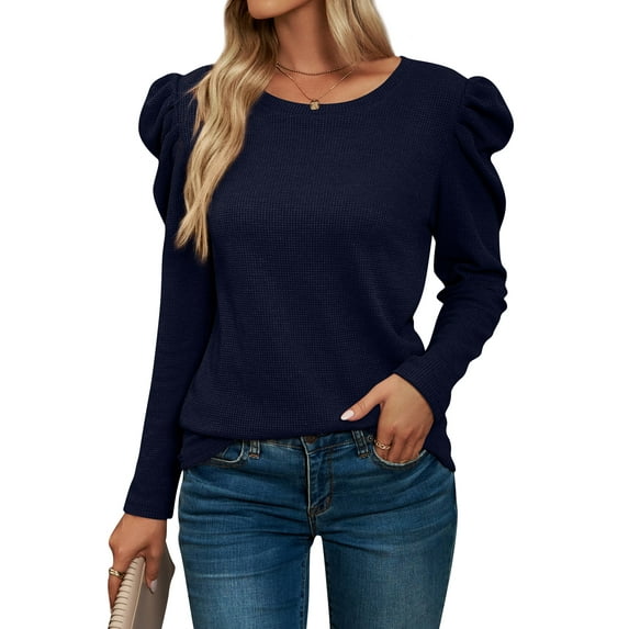 STARVNC Women Crew Neck Leg-Of-Mutton Long Sleeve Waffle Top