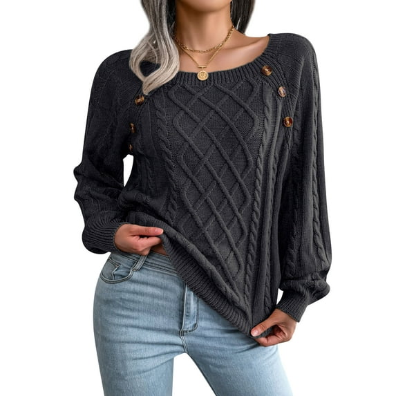 STARVNC Women Crew Neck Long Sleeve Buttons Cable Knit Ribbed Sweater