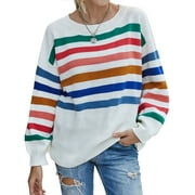 SLADYGLO STARVNC Women Crew Neck Long Sleeve Striped Printed Color Block Sweater