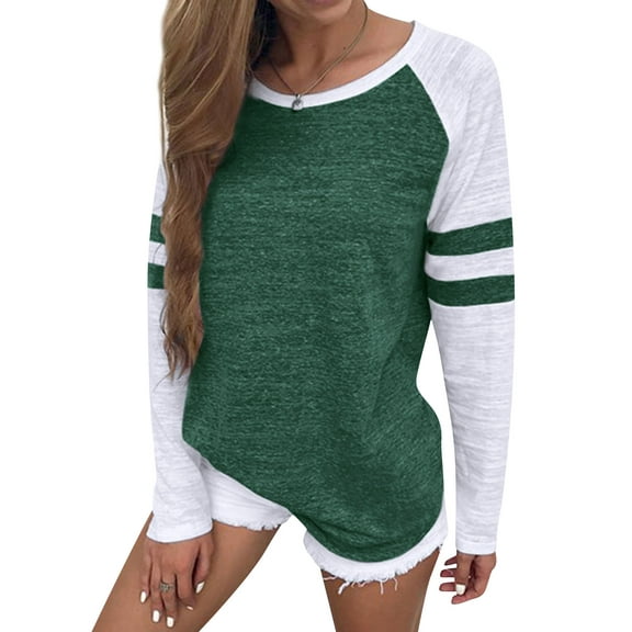 STARVNC Women Crew Neck Stripe Splice Raglan Long Sleeve Top
